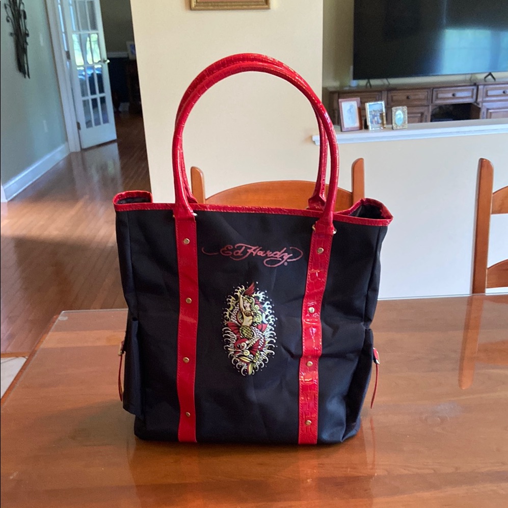 Ed Hardy Black And Red Embroidered Tote Bag Brand New